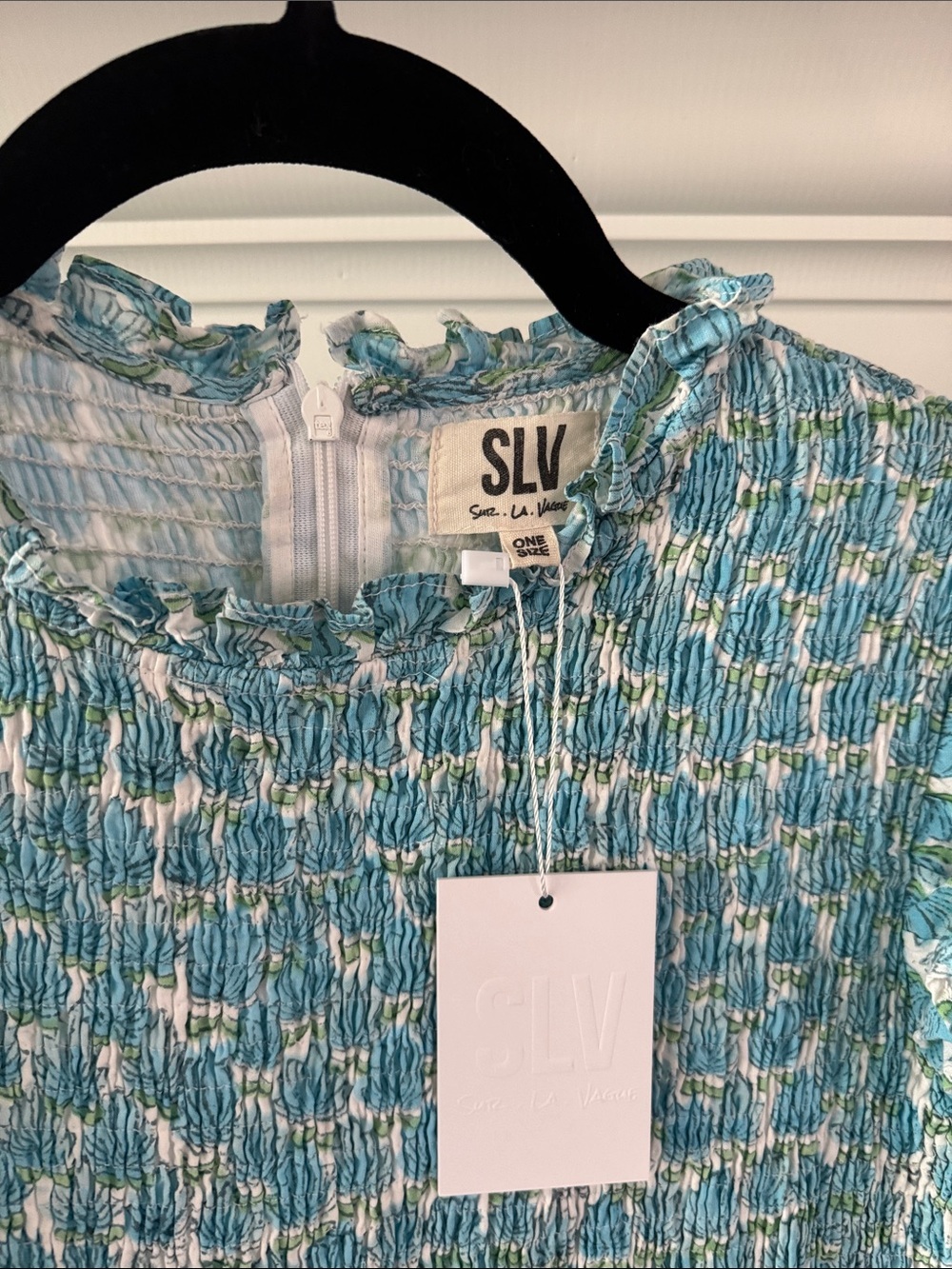 SLV Sur La Vague Aqua Floral Smocked Mini Dress Size 6 NWT Flutter Sleeves Lined - Picture 3 of 6